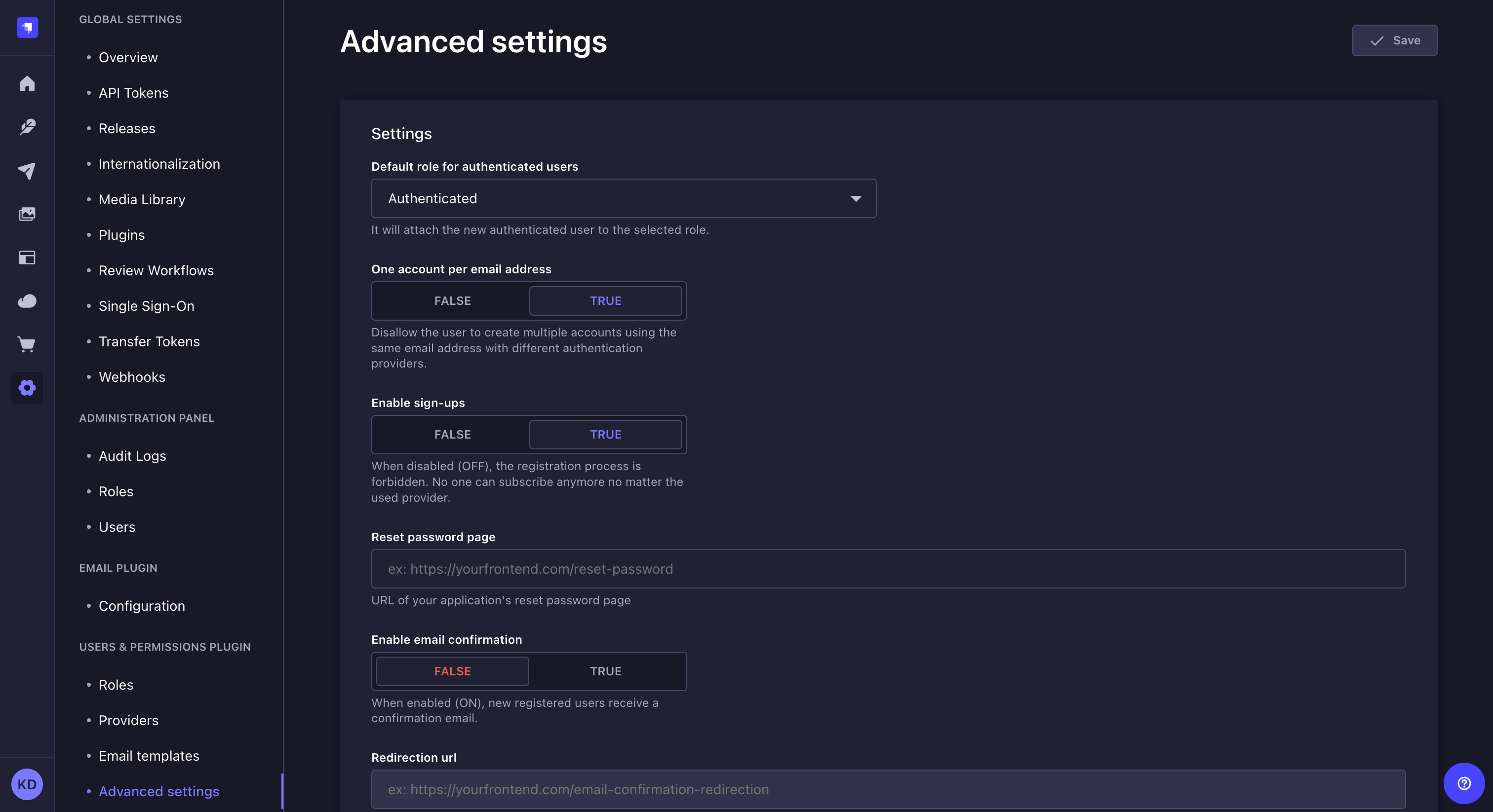 Advanced settings interface